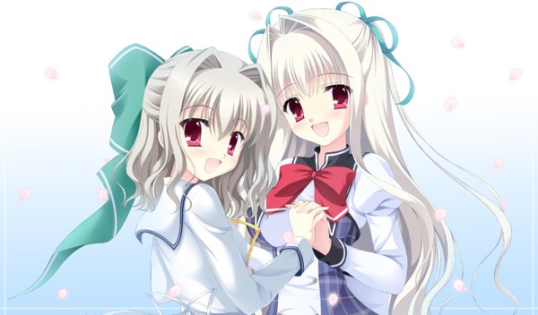 Anime picture 1746x1026 with da capo da capo iii yoshino charles tanihara natsuki long hair looking at viewer blush highres short hair open mouth red eyes wide image multiple girls white hair girl uniform bow ribbon (ribbons) 2 girls hair bow