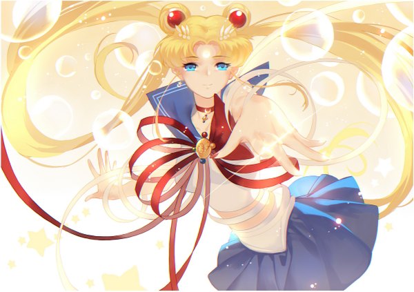 Anime picture 1200x847 with bishoujo senshi sailor moon toei animation tsukino usagi sailor moon joseph lee single looking at viewer blue eyes blonde hair twintails very long hair light smile girl hair ornament bubble (bubbles) sailor suit