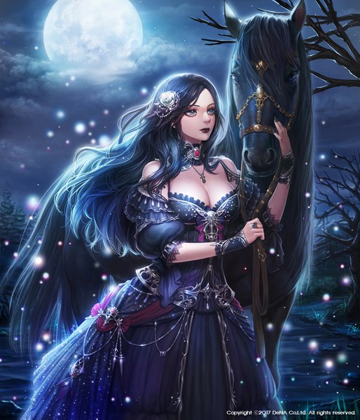 Anime picture 900x1050 with duels x machina daily solsol single long hair tall image breasts blue eyes black hair looking away cleavage cloud (clouds) nail polish hair flower fingernails lips night official art sparkle night sky lipstick