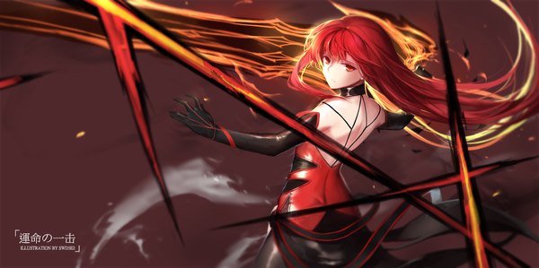 Anime picture 1701x850 with elsword elesis (elsword) crimson avenger (elsword) swd3e2 single long hair looking at viewer highres red eyes wide image red hair watermark girl dress weapon sword choker