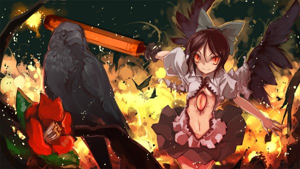 Anime picture 1462x828 with touhou reiuji utsuho shimadoriru looking at viewer smile red eyes wide image red hair spread arms black wings animal eyes arm cannon girl dress flower (flowers) bow weapon animal wings bird (birds)