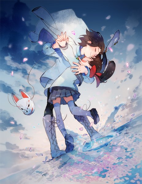 Anime picture 701x907 with kyousogiga toei animation koto (kyousougiga) inari (kyousougiga) 21grams tall image short hair open mouth brown hair sky cloud (clouds) full body bent knee (knees) eyes closed :d holding hands happy lacing father and daughter girl