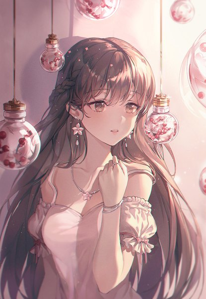 Anime picture 800x1156 with original ttosom single long hair tall image blush fringe breasts brown hair standing brown eyes looking away cleavage upper body blunt bangs parted lips strap slip anaglyph girl flower (flowers)