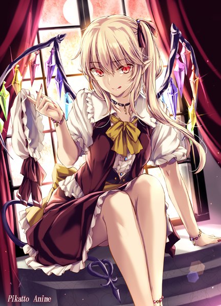 Anime picture 721x1000 with touhou flandre scarlet moneti (daifuku) single long hair tall image looking at viewer fringe blonde hair hair between eyes red eyes sitting signed indoors nail polish fingernails pointy ears arm support bare legs short sleeves