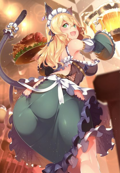 Anime picture 2680x3842 with original kokka han single long hair tall image blush fringe highres breasts open mouth light erotic blonde hair hair between eyes green eyes animal ears ass tail animal tail looking back cat ears