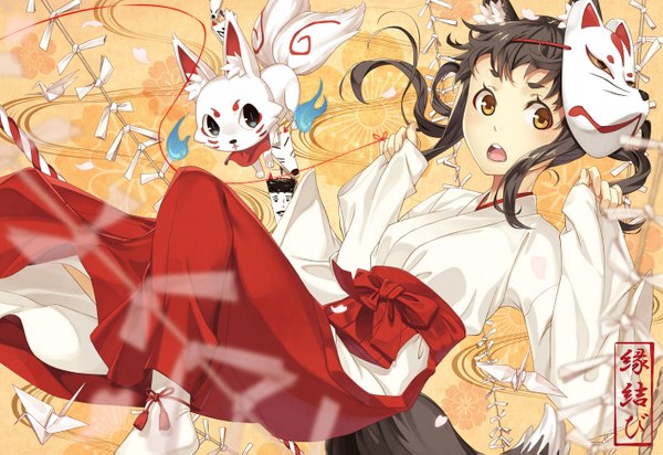 Anime picture 1418x975 with original kimura (ykimu) long hair open mouth black hair brown eyes animal ears traditional clothes japanese clothes miko mask on head girl mask fox mask origami