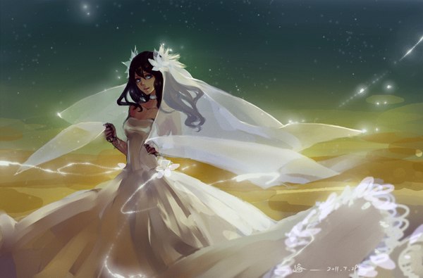 Аниме картинка 2000x1317 с оригинальное изображение yoku (liuyc) один (одна) длинные волосы высокое разрешение чёрные волосы тёмная кожа девушка платье украшения для волос свадебное платье вуаль фата