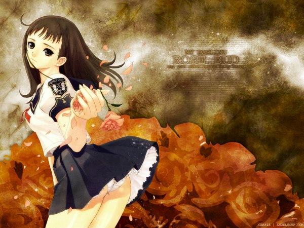 Anime picture 1600x1200 with eien no kimi e tonari no imouto tony taka single long hair looking at viewer fringe light erotic brown hair brown eyes blunt bangs pleated skirt leaning pantyshot text english third-party edit girl skirt uniform underwear