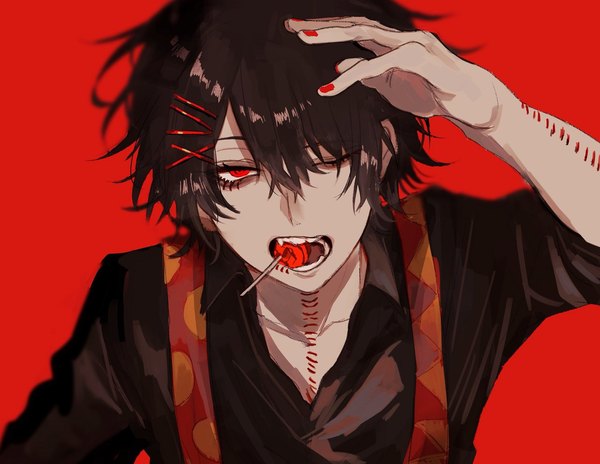 Anime picture 2048x1584 with tokyo ghoul studio pierrot suzuya juuzou kuroume single looking at viewer fringe highres short hair open mouth black hair hair between eyes red eyes holding upper body nail polish one eye closed arm up fang (fangs) mouth hold