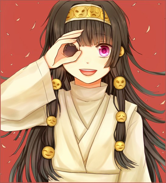 Anime picture 1000x1100 with hunter x hunter alluka zoldyck asagirisu single long hair tall image looking at viewer fringe open mouth black hair simple background smile purple eyes braid (braids) traditional clothes japanese clothes twin braids happy red background girl