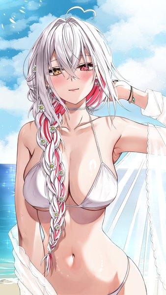 Anime picture 2000x3551 with original vivi (vitaminechan) vitaminechan single long hair tall image looking at viewer blush fringe highres breasts light erotic hair between eyes red eyes large breasts standing yellow eyes sky ahoge outdoors