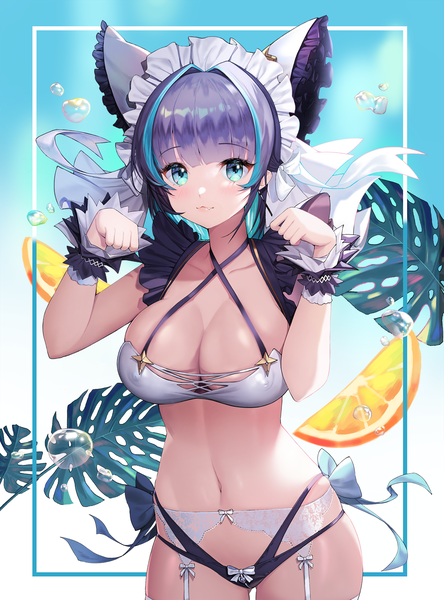 Anime picture 1500x2023 with azur lane cheshire (azur lane) monini single long hair tall image looking at viewer blush fringe breasts light erotic simple background large breasts standing cleavage blunt bangs multicolored hair aqua eyes arms up two-tone hair