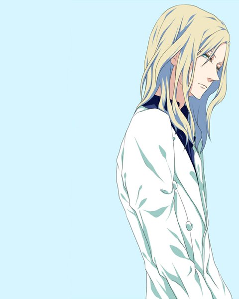 Anime picture 640x800 with uta no prince-sama a-1 pictures camus nayuta (hanayushi) single long hair tall image looking at viewer blue eyes simple background blonde hair standing blue background boy