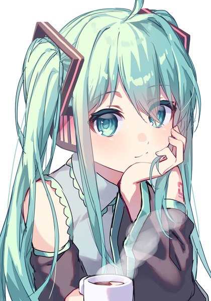 Anime picture 2100x3000 with vocaloid hatsune miku kurobikari single long hair tall image looking at viewer blush fringe highres simple background hair between eyes white background ahoge aqua eyes aqua hair steam chin rest girl detached sleeves