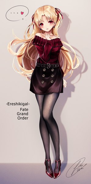 Anime picture 903x1817 with fate (series) fate/grand order ereshkigal (fate) chiachun0621 single long hair tall image looking at viewer fringe blonde hair red eyes standing bare shoulders signed full body long sleeves off shoulder grey background shadow high heels