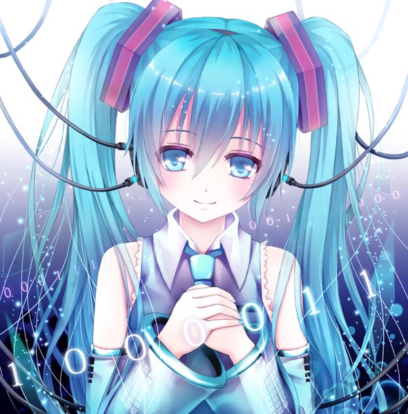 Anime picture 1260x1280 with vocaloid hatsune miku mimi (tetoru09) single tall image looking at viewer twintails bare shoulders very long hair aqua eyes aqua hair girl detached sleeves necktie headphones wire (wires)