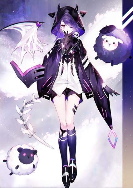 Anime picture 1500x2110 with original juexing (moemoe3345) single tall image looking at viewer blush fringe short hair standing sky purple hair cloud (clouds) full body long sleeves one eye closed pink eyes arm up horn (horns) wink hair over one eye