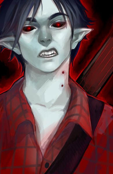 Anime picture 2600x4000 with adventure time marshall lee (adventure time) zapekanka single tall image looking at viewer highres short hair red eyes pointy ears grey hair teeth fang (fangs) grin pale skin plaid vampire boy shirt