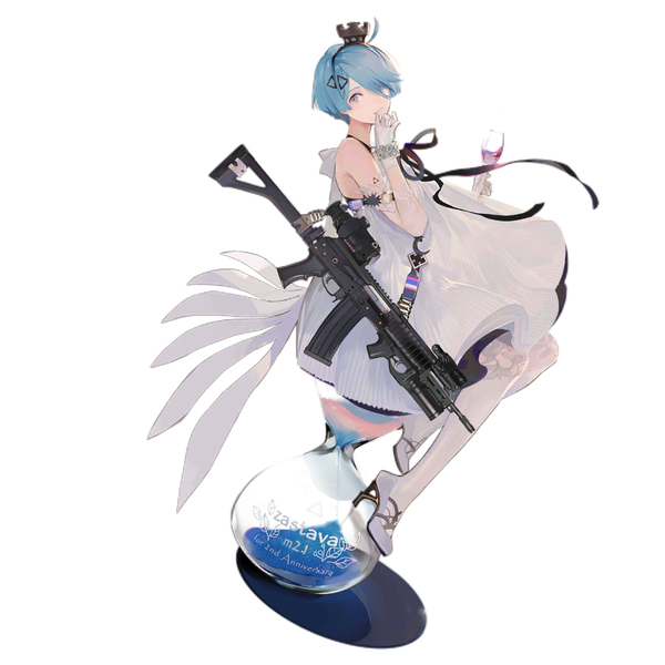 Anime picture 1024x1024 with girls frontline zas m21 (girls frontline) nineo single looking at viewer fringe short hair sitting purple eyes blue hair full body ahoge hair over one eye official art high heels transparent background hand to mouth anniversary girl dress