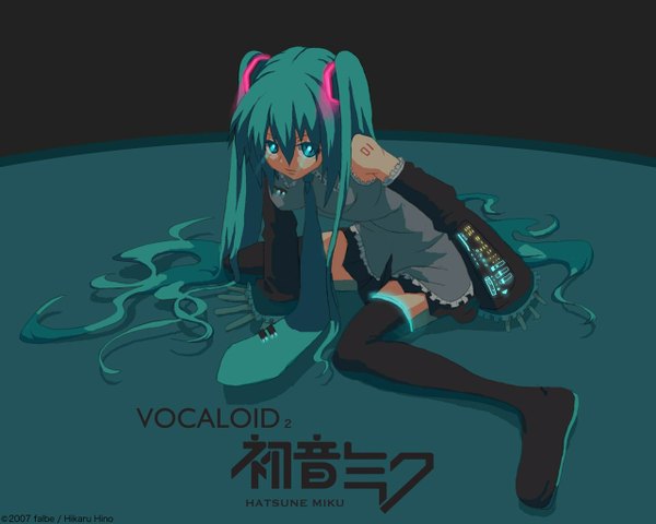 Anime picture 1280x1024 with vocaloid hatsune miku hino hikaru single looking at viewer fringe hair between eyes sitting twintails full body very long hair aqua eyes aqua hair arm support copyright name character names glowing wariza glowing eye (eyes) girl