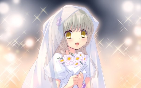 Anime picture 1920x1200 with flyable heart yukishiro suzuno itou noiji single long hair highres wide image yellow eyes game cg white hair girl dress flower (flowers) wedding dress