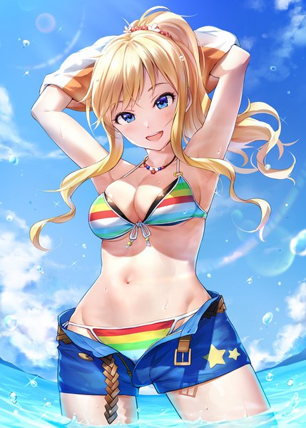 イラスト 648x906 と アイドルマスター アイドルマスターシンデレラガールズ 大槻唯 たけあしろ ソロ 長髪 長身像 カメラ目線 赤面 前髪 おっぱい 開いた口 青い目 light erotic 金髪 立つ payot 空 cleavage cloud (clouds)