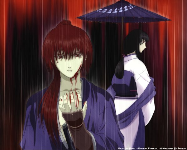 Anime picture 1280x1024 with rurouni kenshin himura kenshin kamiya kaoru signed japanese clothes blood