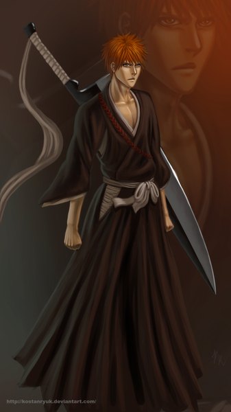 Anime picture 1124x2000 with bleach studio pierrot kurosaki ichigo kostanryuk single tall image short hair brown hair brown eyes japanese clothes coloring zoom layer boy weapon sword kimono fist