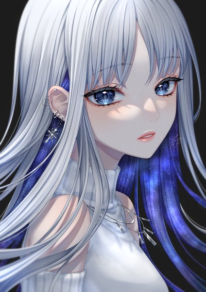 Anime picture 848x1200 with original ca yu single long hair tall image fringe blue eyes bare shoulders silver hair upper body parted lips multicolored hair piercing black background ear piercing colored inner hair girl turtleneck