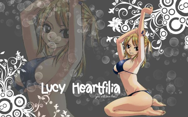 Anime picture 1280x800 with fairy tail lucy heartfilia single long hair breasts open mouth light erotic blonde hair wide image large breasts brown eyes ass girl navel flower (flowers) swimsuit bikini