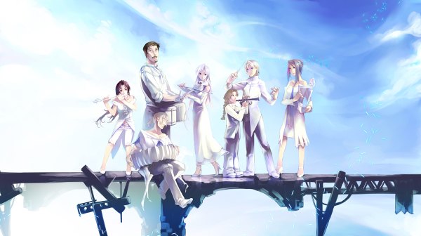 Anime picture 1200x672 with original aoin long hair short hair black hair blonde hair brown hair wide image standing sitting multiple girls sky silver hair cloud (clouds) multiple boys group band girl dress boy