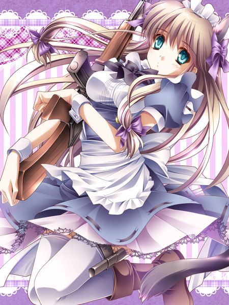 Anime picture 1772x2362 with original moneti (daifuku) single long hair tall image looking at viewer highres blue eyes brown hair animal ears cat ears maid cat girl cat tail girl thighhighs bow weapon hair bow white thighhighs
