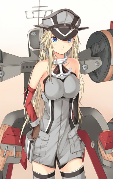 Anime picture 683x1076 with kantai collection bismarck battleship kanpyo (hghgkenfany) single long hair tall image looking at viewer blush blue eyes blonde hair simple background white background bare shoulders girl thighhighs gloves uniform weapon elbow gloves military uniform