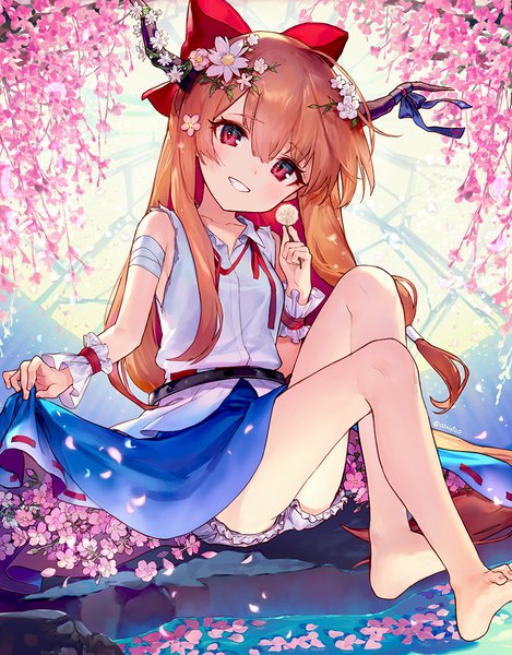 Anime picture 900x1149 with touhou ibuki suika ainy single tall image looking at viewer blush light erotic smile red eyes brown hair sitting very long hair head tilt barefoot hair flower horn (horns) bare legs grin cherry blossoms