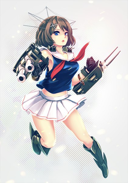 Anime picture 800x1139 with kantai collection maya heavy cruiser infinote single tall image looking at viewer short hair open mouth blue eyes brown hair girl skirt gloves weapon boots gun x hair ornament