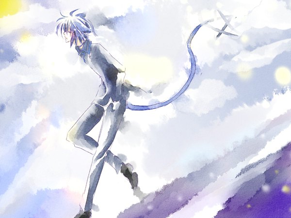 Anime picture 800x600 with shugo chara! tsukiyomi ikuto kakikusa single short hair animal ears blue hair bent knee (knees) tail eyes closed animal tail profile cat ears cat tail leaning leaning forward hands in pockets traditional media watercolor (medium) boy