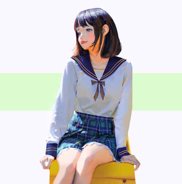 Anime picture 1920x1943 with original wonbin lee single tall image blush fringe highres short hair simple background white background sitting looking away pleated skirt multicolored hair bare legs grey eyes plaid skirt dark hair girl skirt
