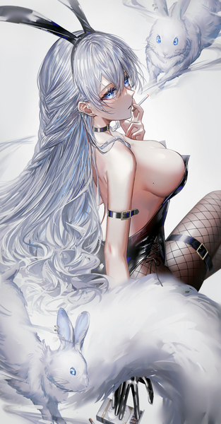 Anime picture 1678x3220 with original akqne single long hair tall image looking at viewer fringe breasts blue eyes light erotic hair between eyes large breasts sitting holding animal ears payot silver hair braid (braids) parted lips arm up