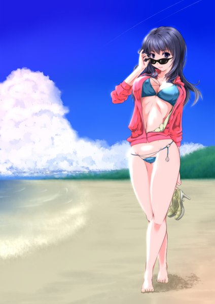 Anime picture 1447x2046 with original goroomaru single long hair tall image looking at viewer blue eyes light erotic black hair sky cloud (clouds) beach sunglasses removed girl navel swimsuit bikini sunglasses