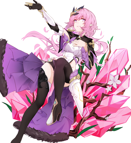 Anime picture 3638x3956 with honkai impact 3rd honkai (series) elysia (honkai impact) elysia (miss pink elf) (honkai impact) kirschma single long hair tall image highres smile purple eyes pink hair absurdres bent knee (knees) pointy ears high heels outstretched arm hand on chest girl boots
