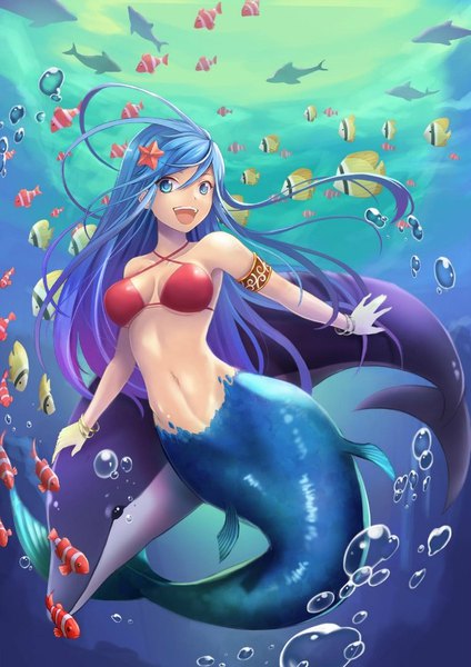 Anime picture 650x920 with original songh21 single long hair tall image looking at viewer fringe breasts open mouth blue eyes smile hair between eyes blue hair full body teeth gradient hair underwater monster girl girl navel
