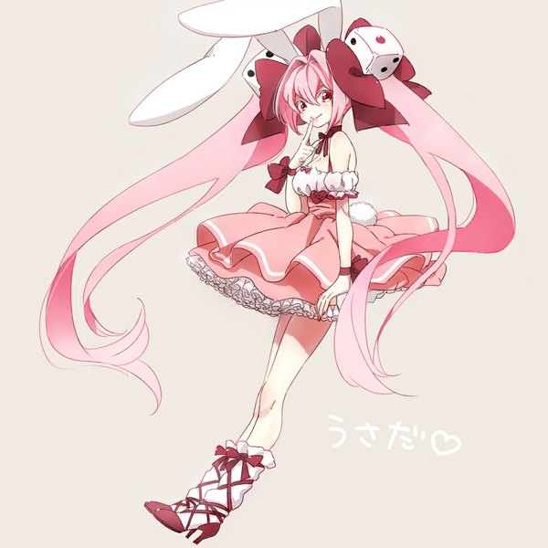 Anime picture 1000x1000 with di gi charat madhouse usada hikaru rabi en rose cako asida single looking at viewer blush simple background smile red eyes twintails bare shoulders animal ears pink hair tail very long hair animal tail grey background bunny ears