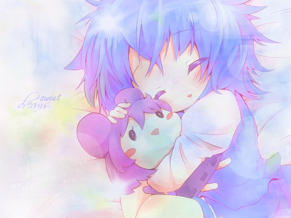 Anime picture 1280x960 with touhou tatara kogasa nazrin blush short hair open mouth blue hair eyes closed inscription hug sleeping chibi solid eyes girl toy stuffed animal