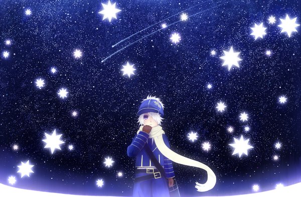 Anime picture 2200x1444 with tegami bachi lag seeing bounin single fringe highres purple eyes sky hair over one eye night night sky shooting star boy gloves uniform hat star (stars) suit cap