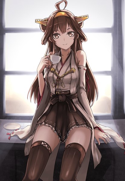 Anime picture 690x1000 with kantai collection kongou battleship tea (nakenashi) single long hair tall image looking at viewer smile brown hair bare shoulders brown eyes ahoge long sleeves traditional clothes japanese clothes pleated skirt wide sleeves zettai ryouiki miko nontraditional miko