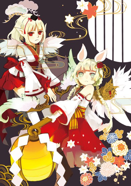 Anime picture 563x800 with dragon nest archer (dragon nest) machina (dragon nest) tunami long hair tall image looking at viewer fringe breasts blonde hair red eyes bare shoulders multiple girls holding animal ears blunt bangs braid (braids) pleated skirt aqua eyes twin braids