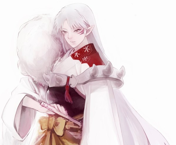 Anime picture 1700x1407 with inuyasha sesshomaru ukyou single long hair highres simple background white background yellow eyes white hair pointy ears facial mark face paint sad boy weapon armor fur