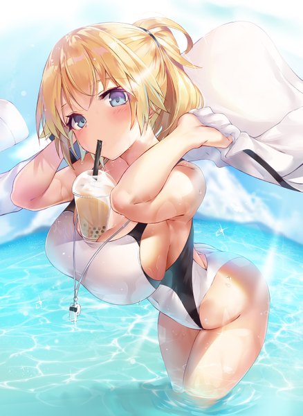 Anime picture 1200x1642 with fate (series) fate/grand order jeanne d'arc (fate) (all) jeanne d'arc (swimsuit archer) suigetsu (hjs1106) single tall image looking at viewer blush fringe short hair breasts blue eyes light erotic blonde hair hair between eyes large breasts standing bare shoulders holding
