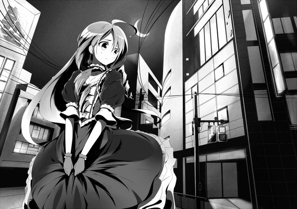 Anime picture 1534x1084 with original chippucream single long hair blonde hair looking away ahoge black eyes city monochrome crescent girl dress gloves moon
