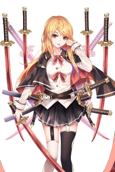 Anime picture 1500x2247 with original cup6542 single long hair tall image looking at viewer fringe simple background blonde hair red eyes standing white background holding long sleeves pleated skirt adjusting hair sheathed food in mouth asymmetrical legwear different thighhighs